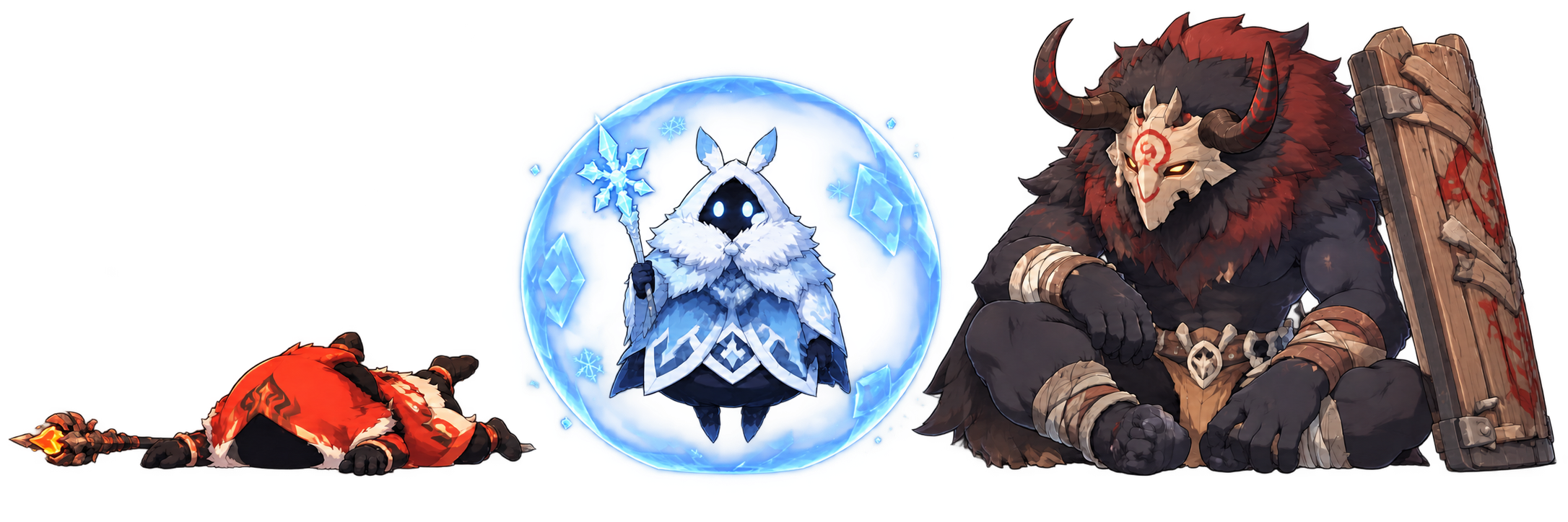 A Pyro Abyss Mage lying face down, a Cryo Abyss Mage inside an ice shield and a seated Wooden Shieldwall Mitachurl.