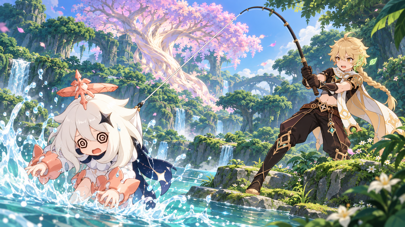 Aether fishes Paimon out of the water while wearing an active Akasha earpiece, with Irminsul rising above the Sumeru forest.