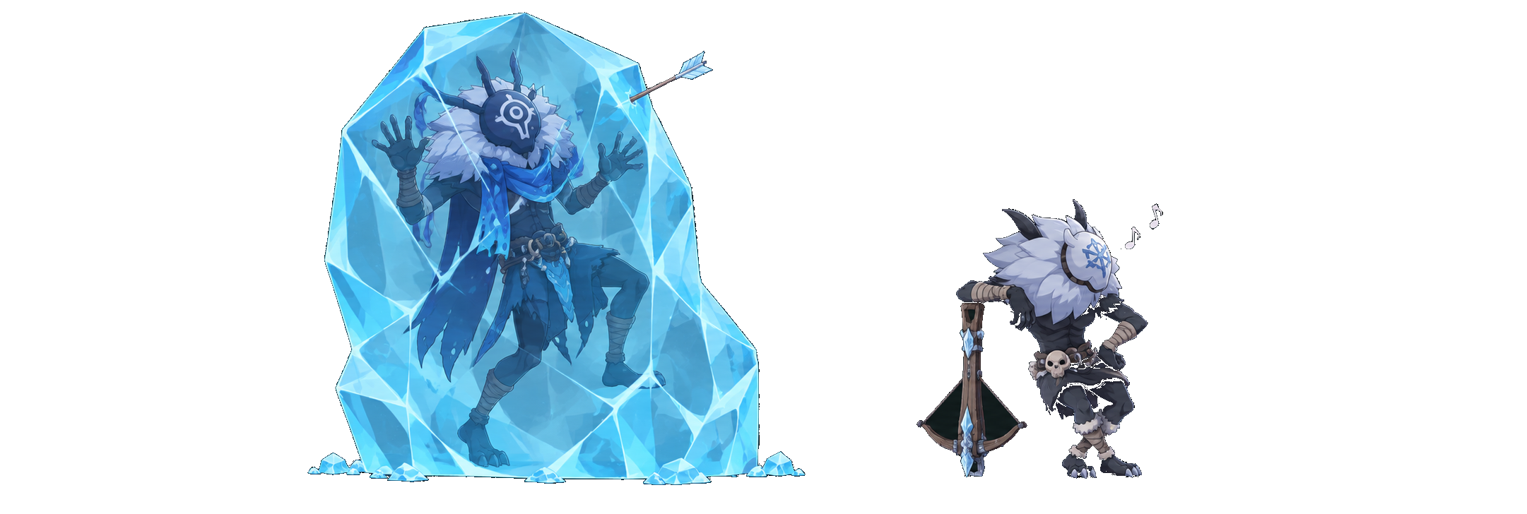 A Hydro Hilichurl Rogue frozen in an ice block while a Cryo Hilichurl Shooter leans on its crossbow and whistles innocently.
