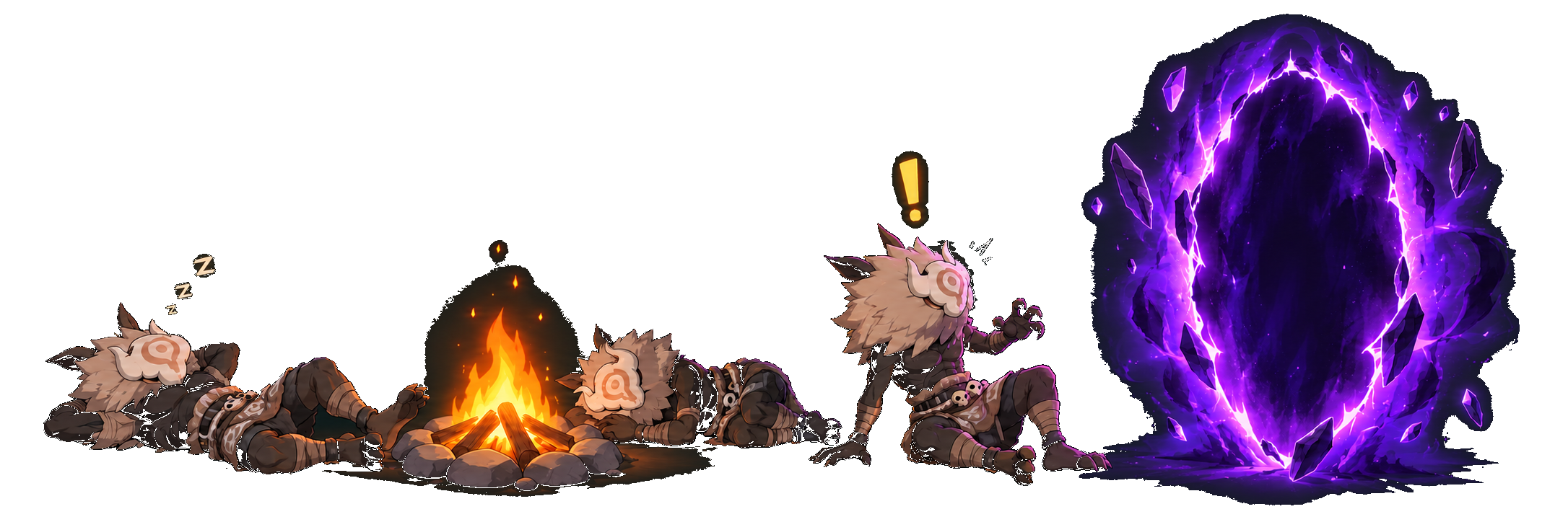 Hilichurls resting around a campfire, with one startled beneath an exclamation mark as a large purple Abyss portal opens in front of him.